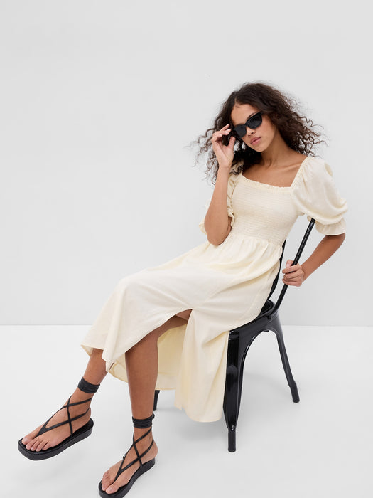 Linen-Blend Puff Sleeve Midi Dress GAP (International) Linen-Blend Puff Sleeve Midi Dress GAP (International)