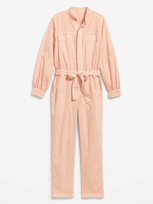 Collarless Tie-Belt Utility Jumpsuit for Women