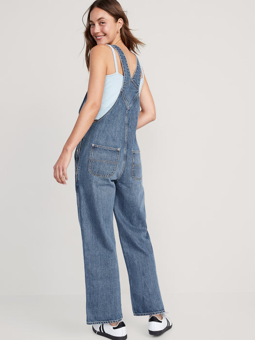 Baggy Wide-Leg Non-Stretch Ripped Jean Overalls for Women