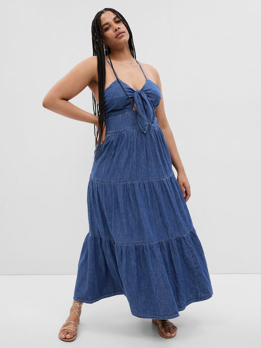 Tie-Front Tiered Denim Maxi Dress with Washwell GAP (International) Tie-Front Tiered Denim Maxi Dress with Washwell GAP (International)