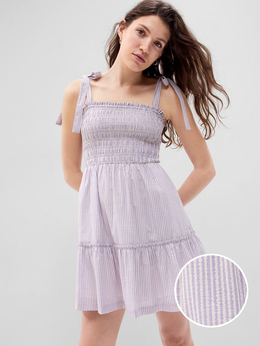 Metallic Stripe Tie-Shoulder Smocked Mini Dress