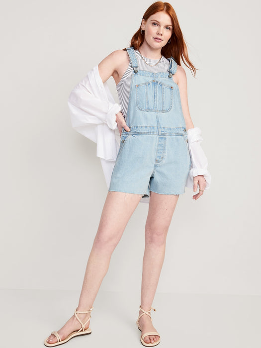 Slouchy Straight Non-Stretch Jean Cut-Off Short Overalls for Women -- 3.5-inch inseam