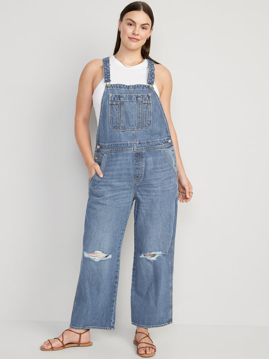 Baggy Wide-Leg Non-Stretch Ripped Jean Overalls for Women