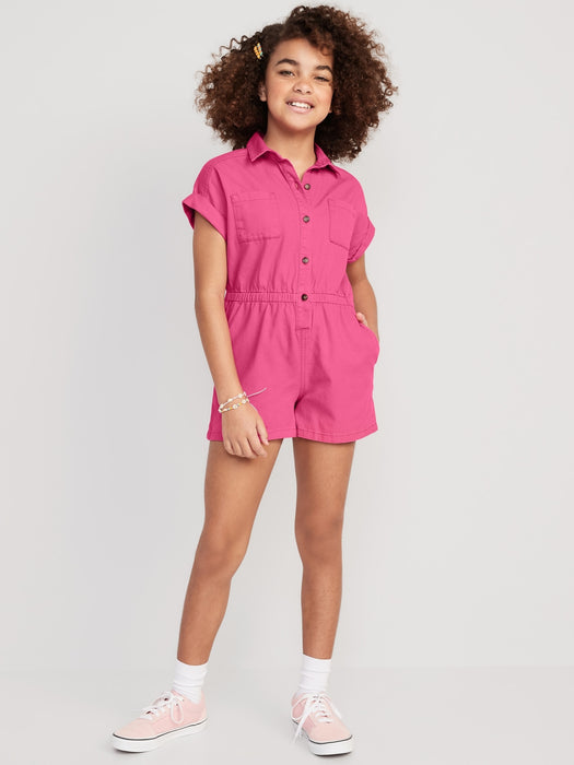 Short-Sleeve Cinched-Waist Twill Utility Romper for Girls
