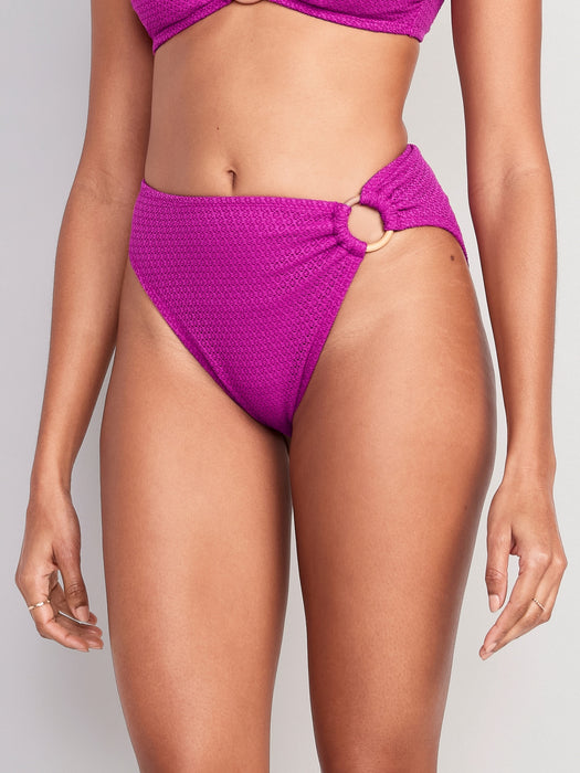 Mid-Rise O-Ring Crochet-Knit French-Cut Bikini Swim Bottoms for Women