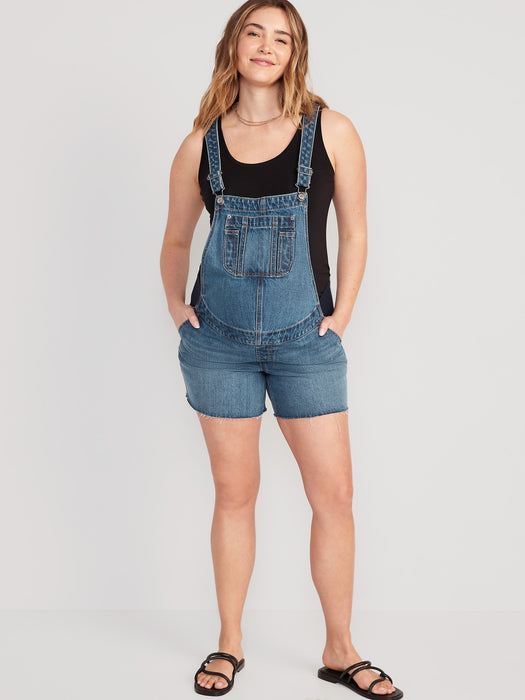 Maternity Side-Panel Slouchy Non-Stretch Jean Cut-Off Shortalls -- 5-inch inseam