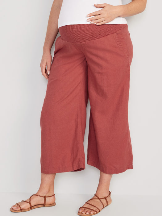Maternity Smocked-Waist Linen-Blend Wide-Leg Pants