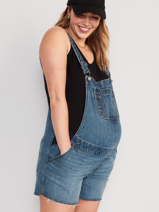 Maternity Side-Panel Slouchy Non-Stretch Jean Cut-Off Shortalls -- 5-inch inseam