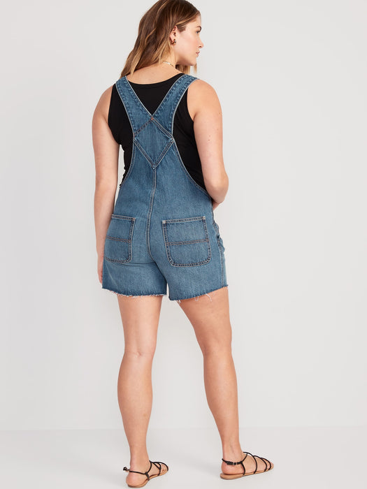 Maternity Side-Panel Slouchy Non-Stretch Jean Cut-Off Shortalls -- 5-inch inseam