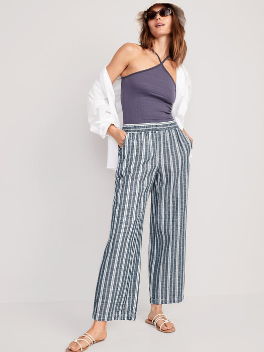 High-Waisted Striped Linen-Blend Wide-Leg Pants for Women