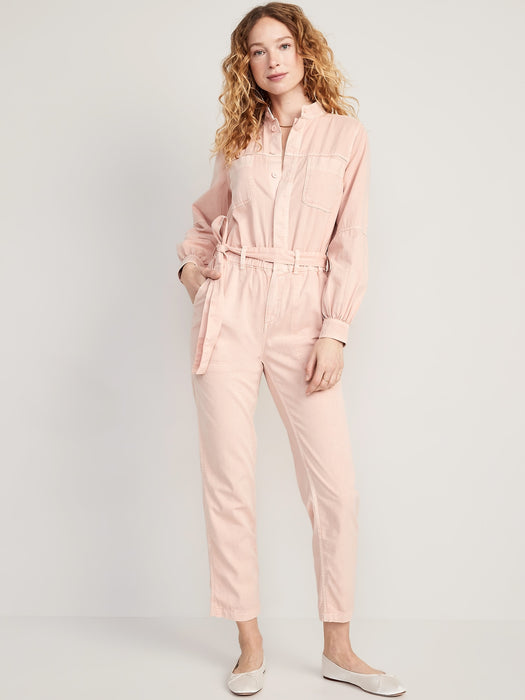 Collarless Tie-Belt Utility Jumpsuit for Women