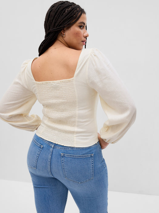 Linen-Blend Puff Sleeve Top