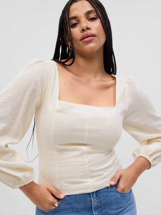 Linen-Blend Puff Sleeve Top