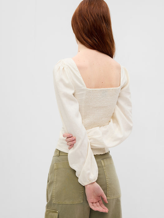 Linen-Blend Puff Sleeve Top