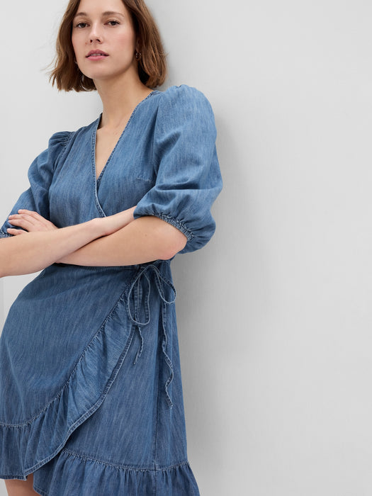 100% Organic Cotton Denim Mini Wrap Dress with Washwell