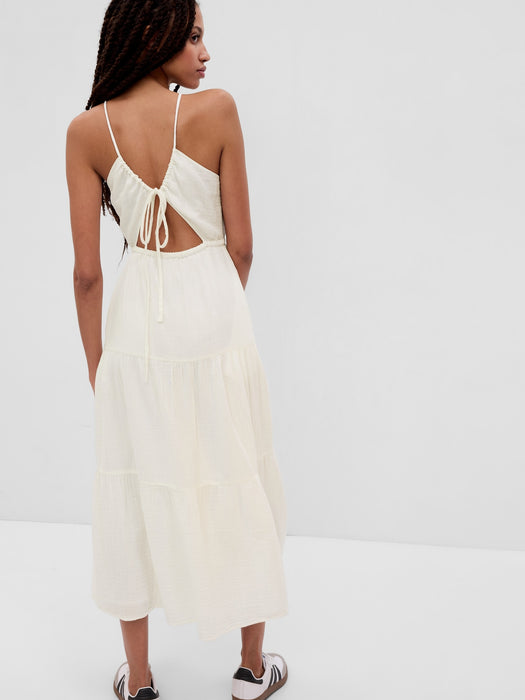 Crinkle Gauze Halter Keyhole Tiered Maxi Dress
