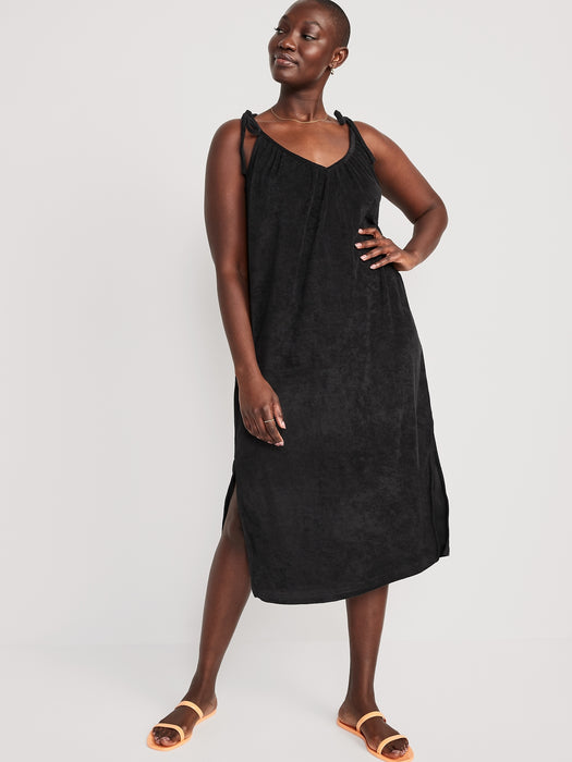 Tie-Shoulder V-Neck Terry Midi  Swing Dress for Women
