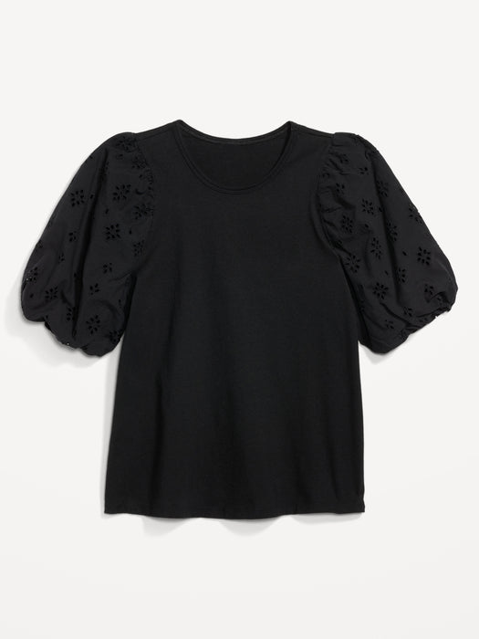 Puff-Sleeve Cutwork Top for Women
