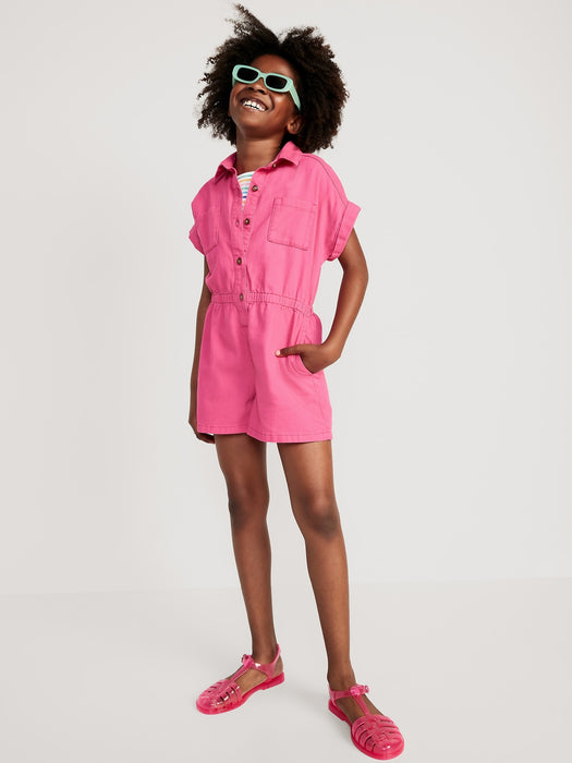 Short-Sleeve Cinched-Waist Twill Utility Romper for Girls