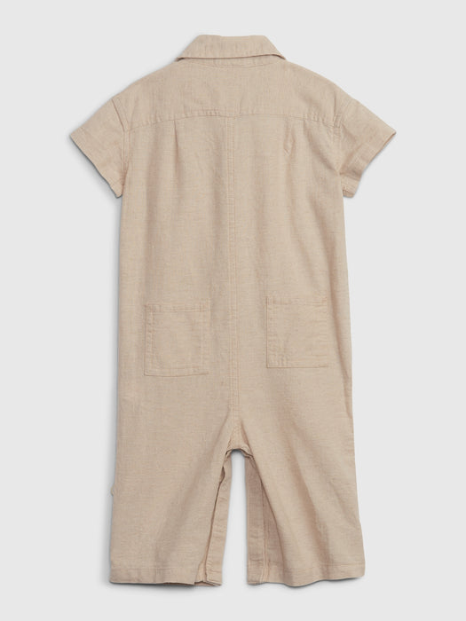 Baby Linen-Cotton Roll-Cuff Shorty One-Piece