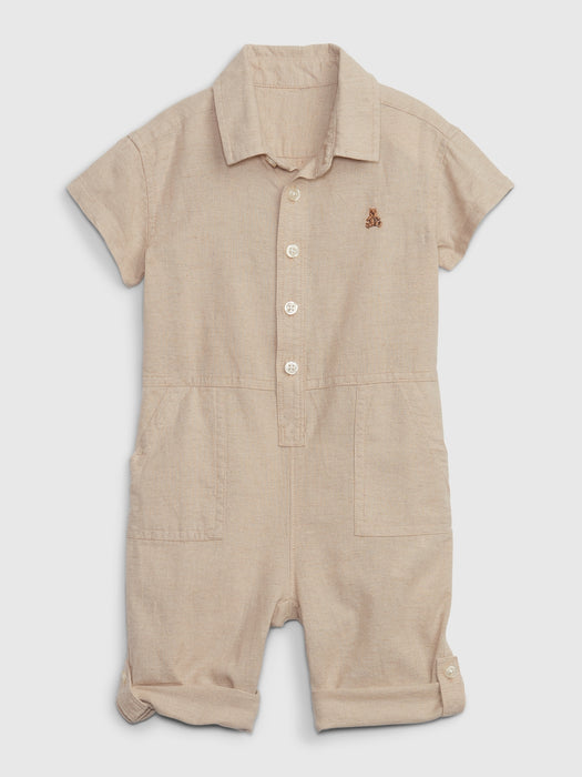 Baby Linen-Cotton Roll-Cuff Shorty One-Piece