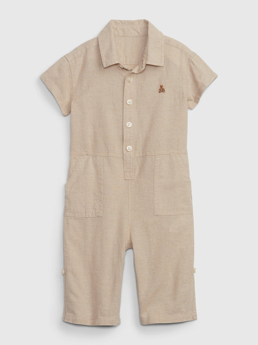 Baby Linen-Cotton Roll-Cuff Shorty One-Piece