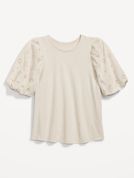 Puff-Sleeve Cutwork Top for Women