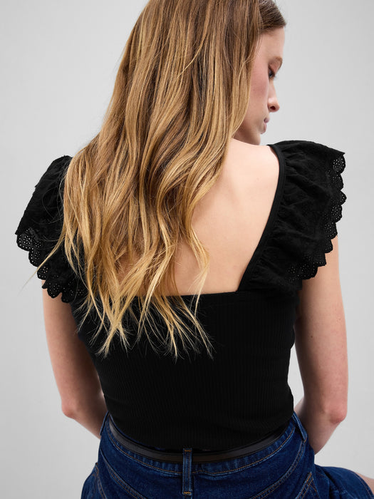 Rib Eyelet Flutter Sleeve Tank Top