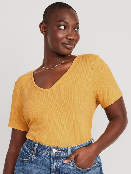 Luxe V-Neck Ribbed Slub-Knit T-Shirt for Women