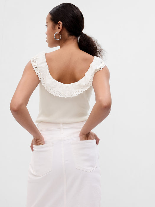 Eyelet Ruffle Neck Rib Tank Top