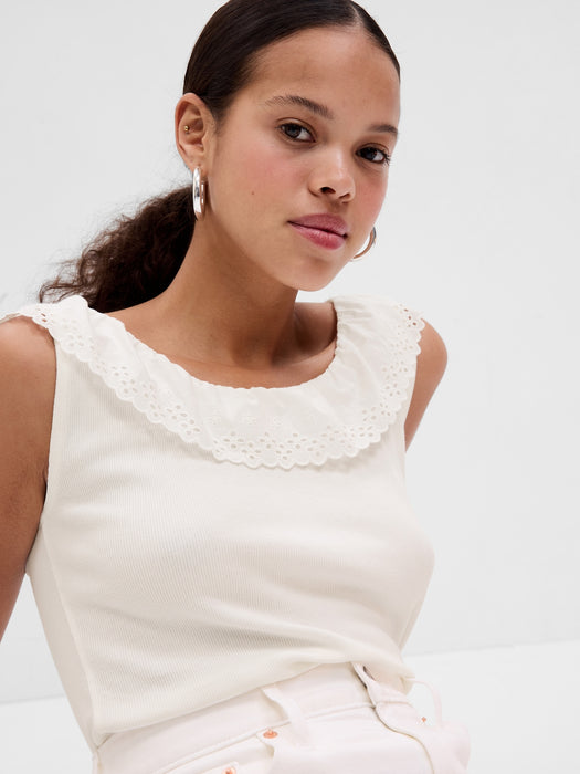 Eyelet Ruffle Neck Rib Tank Top