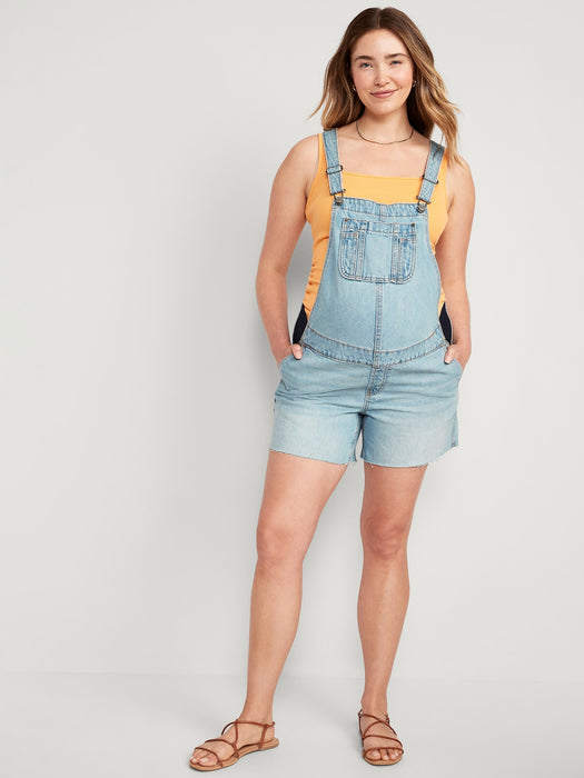Maternity Side-Panel Slouchy Non-Stretch Jean Cut-Off Shortalls -- 5-inch inseam