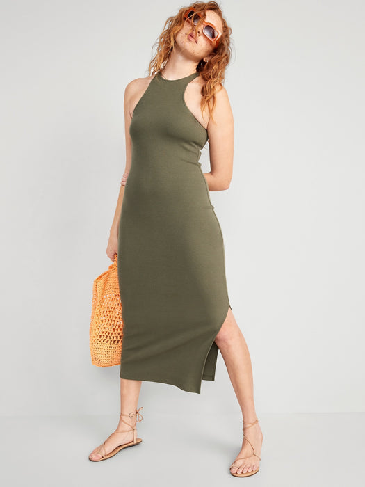 Fitted High-Neck Rib-Knit Maxi Dress for Women