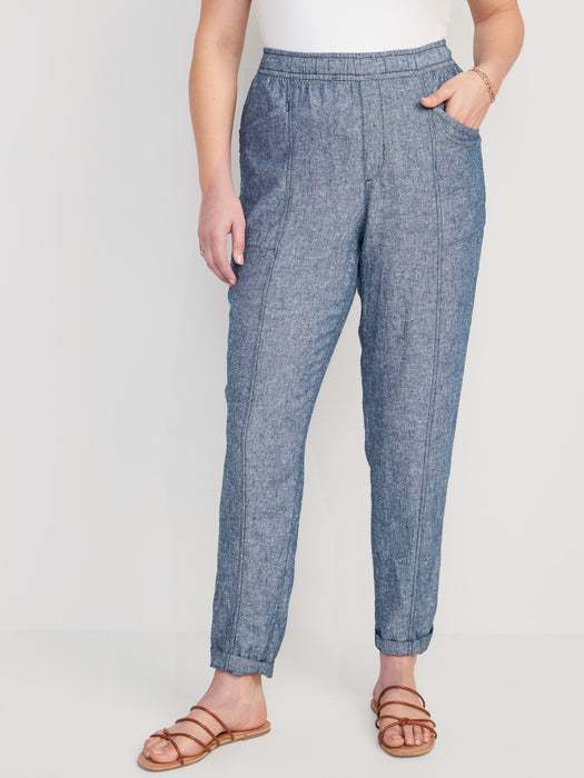 High-Waisted Chambray Cropped Linen-Blend Tapered Pants for Women