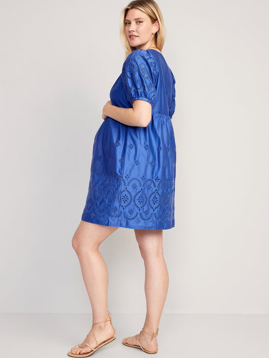 Maternity Puff-Sleeve Cutwork Mini Dress