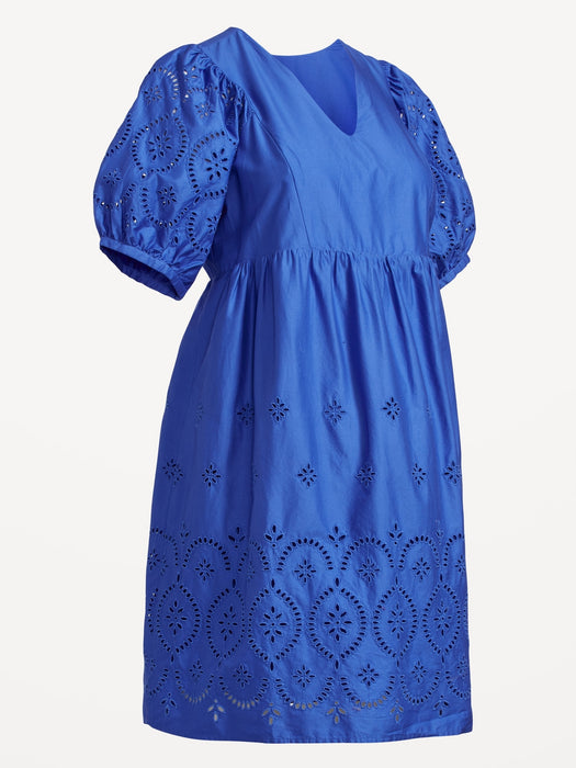 Maternity Puff-Sleeve Cutwork Mini Dress