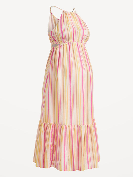 Maternity Waist-Defined Striped Halter Maxi Dress