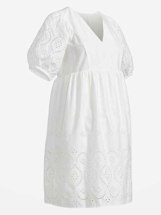 Maternity Puff-Sleeve Cutwork Mini Dress