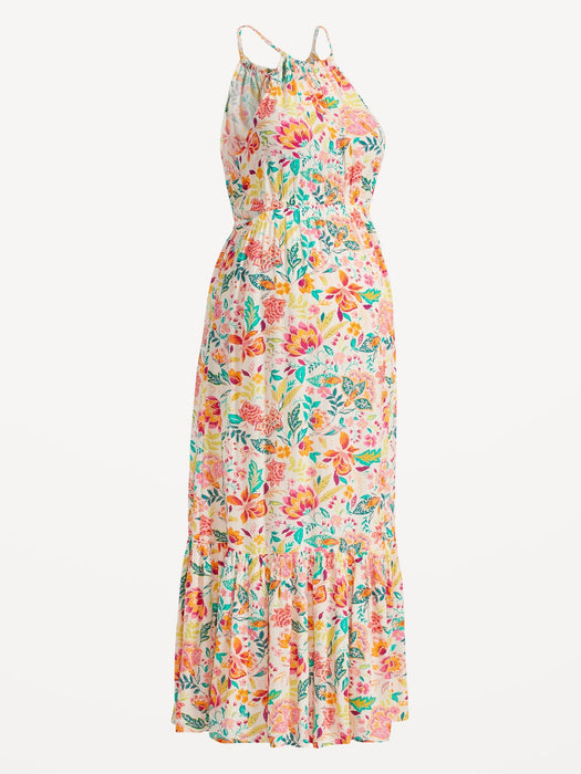 Maternity Waist-Defined Floral Halter Maxi Dress