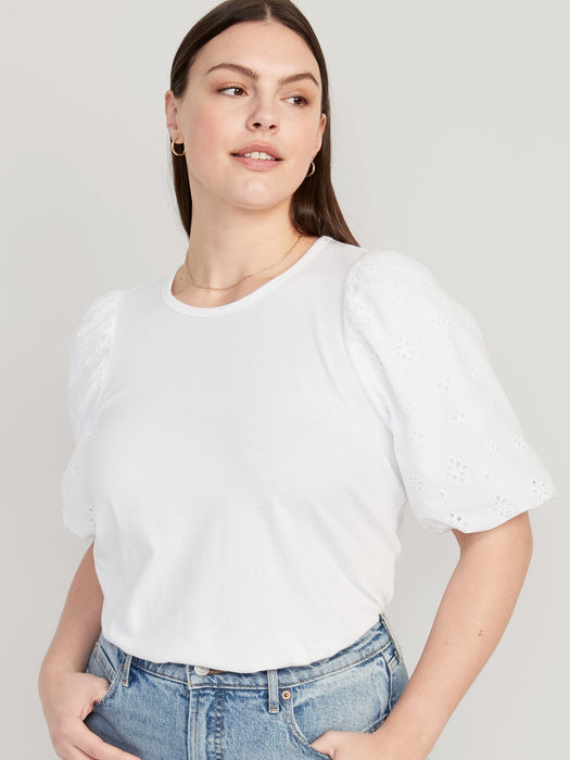 Puff-Sleeve Cutwork Top for Women