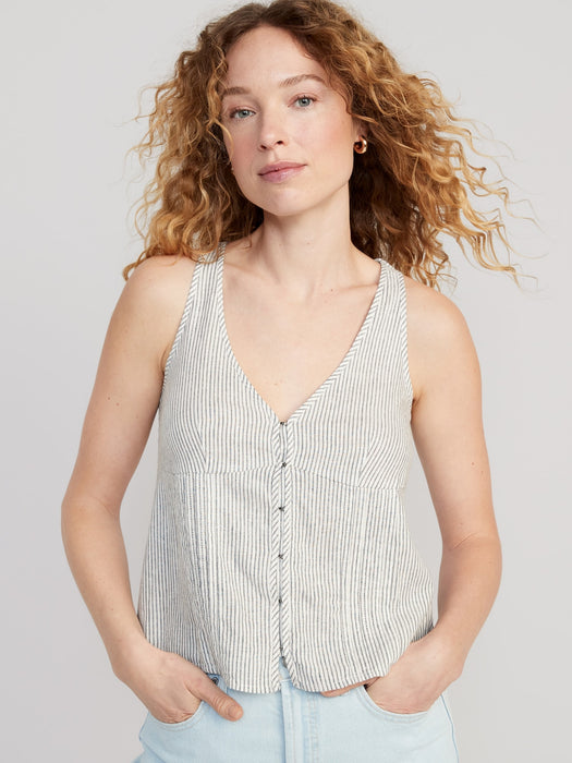 Fitted Sleeveless Linen-Blend V-Neck Top