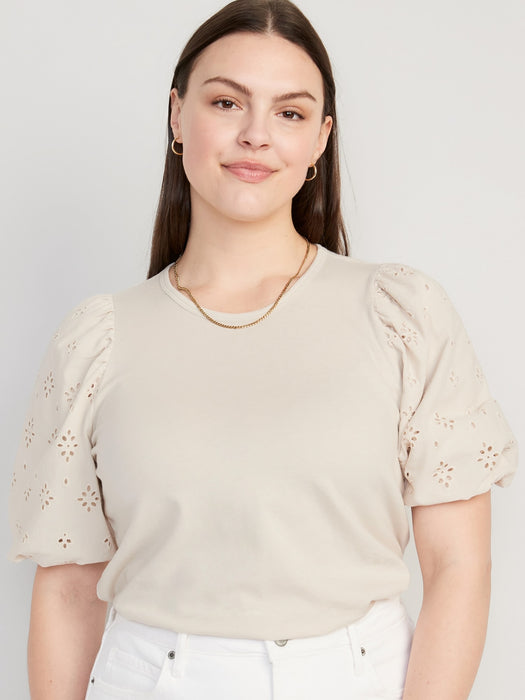Puff-Sleeve Cutwork Top for Women