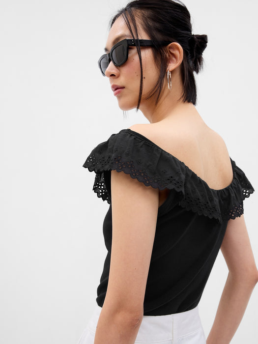 Eyelet Ruffle Neck Rib Tank Top