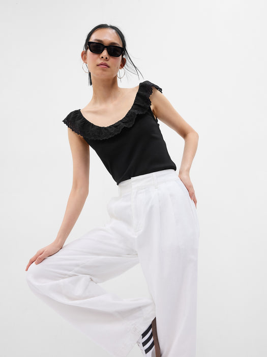 Eyelet Ruffle Neck Rib Tank Top