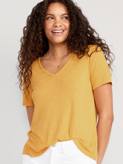 Luxe V-Neck Ribbed Slub-Knit T-Shirt for Women