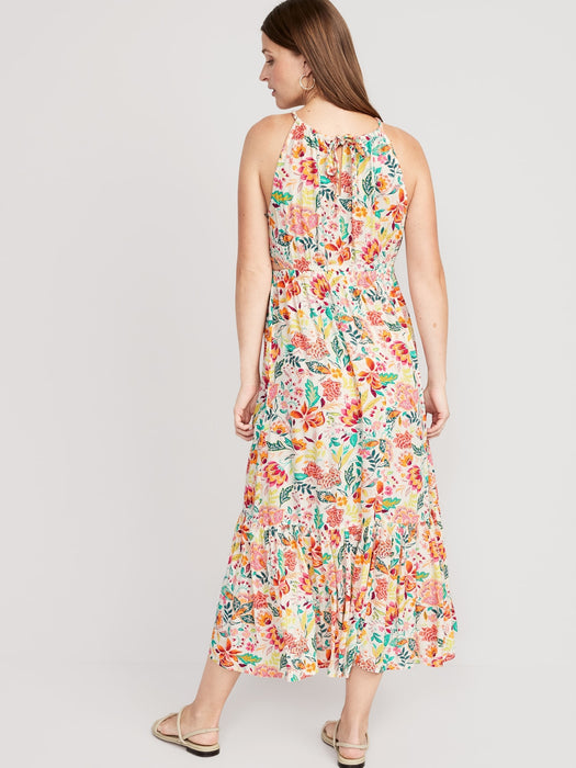 Maternity Waist-Defined Floral Halter Maxi Dress