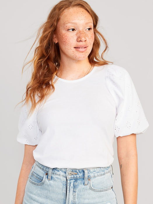 Puff-Sleeve Cutwork Top for Women