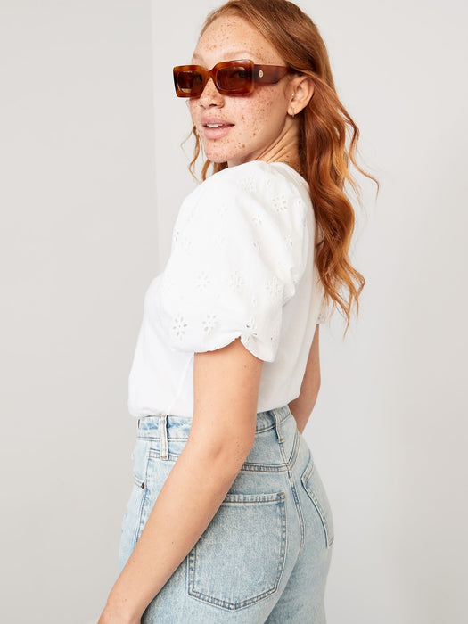 Puff-Sleeve Cutwork Top for Women