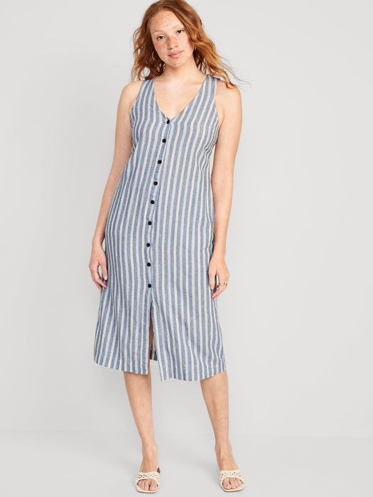Sleeveless Linen-Blend Button-Front Midi Shift Dress for Women