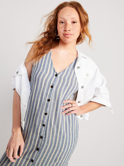 Sleeveless Linen-Blend Button-Front Midi Shift Dress for Women